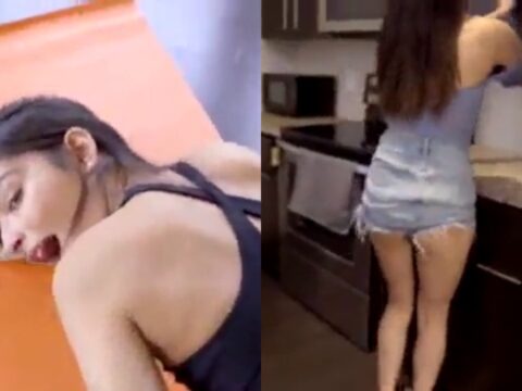 Irmã safada empinando o rabo enquanto é comida de quatro no alongamento