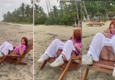 Ruiva muito gostosa mostrando a bucetinha na praia