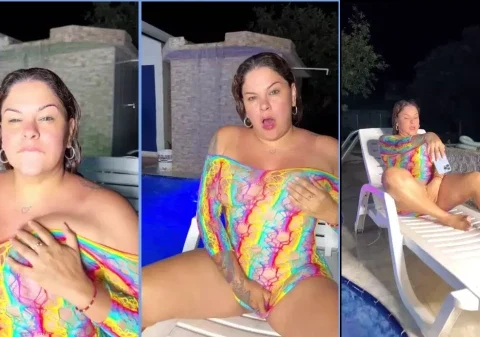 Mulher gostosona se apalpando na beira da piscina e filmando tudo com o celular